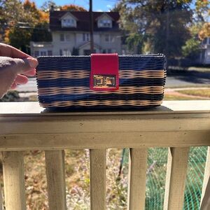 JCrew NWT wicker clutch blue w/ red leather closure